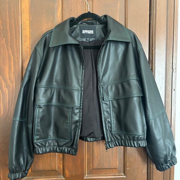 Apparis Faux Leather Tierra Vegan Leather Bomber Jacket Blue Green Stitching M - Picture 9 of 9